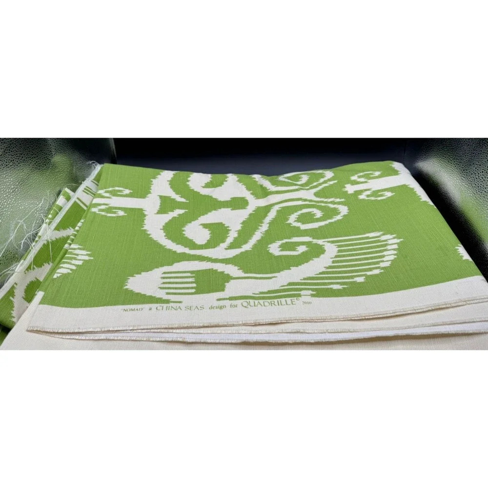 Quadrille Linen Fabric Nomad Green Hand Printed Large Ikat Print